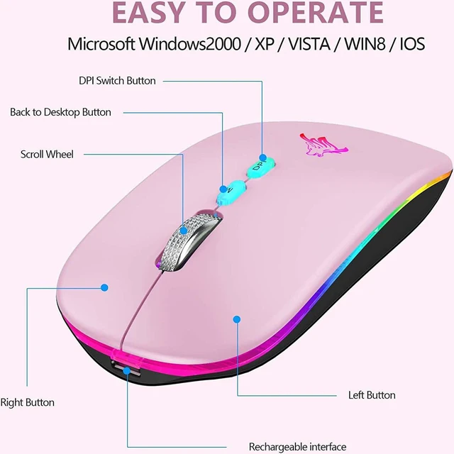 Alt view image 3 of 7 - HOTLIFE Wireless Mouse, Slim LED Rechargeable Silent Bluetooth Mouse, Pink