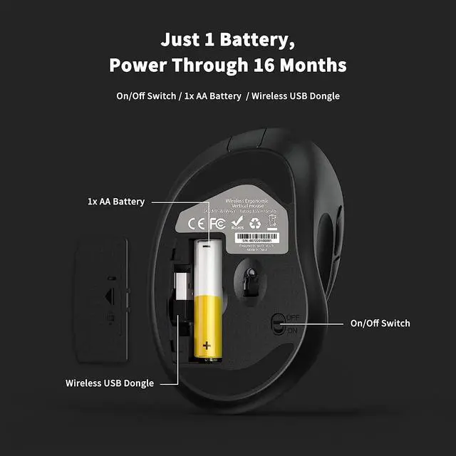 Alt view image 4 of 7 - Ergonomic Wireless Mouse with USB Receiver for PC Computer Laptop and Desktop Ergo Mouse Vertical with Silent Clicks Long Battery Life Up to 1600 DPI & 1 AA Battery Powered Black