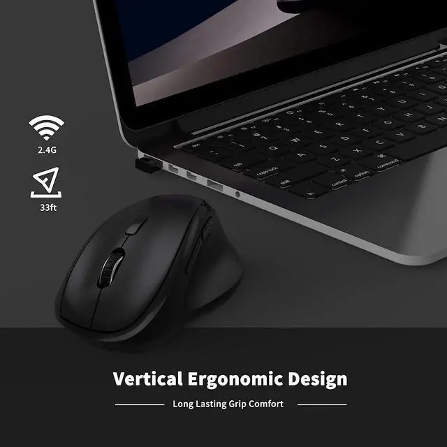 Alt view image 5 of 7 - Ergonomic Wireless Mouse with USB Receiver for PC Computer Laptop and Desktop Ergo Mouse Vertical with Silent Clicks Long Battery Life Up to 1600 DPI & 1 AA Battery Powered Black