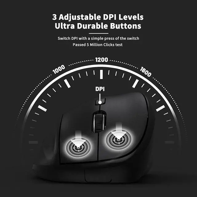 Alt view image 6 of 7 - Ergonomic Wireless Mouse with USB Receiver for PC Computer Laptop and Desktop Ergo Mouse Vertical with Silent Clicks Long Battery Life Up to 1600 DPI & 1 AA Battery Powered Black