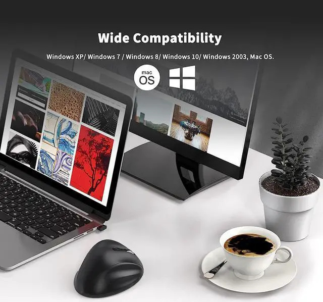 Alt view image 7 of 7 - Ergonomic Wireless Mouse with USB Receiver for PC Computer Laptop and Desktop Ergo Mouse Vertical with Silent Clicks Long Battery Life Up to 1600 DPI & 1 AA Battery Powered Black