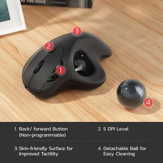 Alt view image 7 of 7 - Nulea M501 Wireless Trackball Mouse, Rechargeable Ergonomic, Easy Thumb Control, Precise & Smooth Tracking, 3 Device Connection (Bluetooth or USB), Compatible for PC, Laptop, iPad, Mac, Windows