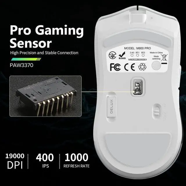 Alt view image 2 of 7 - DeLUX M800PRO Wireless Gaming Mouse - PAW 3370 Sensor, Multi-Device Connection, TTC Encoder Wheel, 19000DPI, 70g Lightweight, 56Hr Battery, 6 Programmable Buttons & LOD Adjustment (Black)
