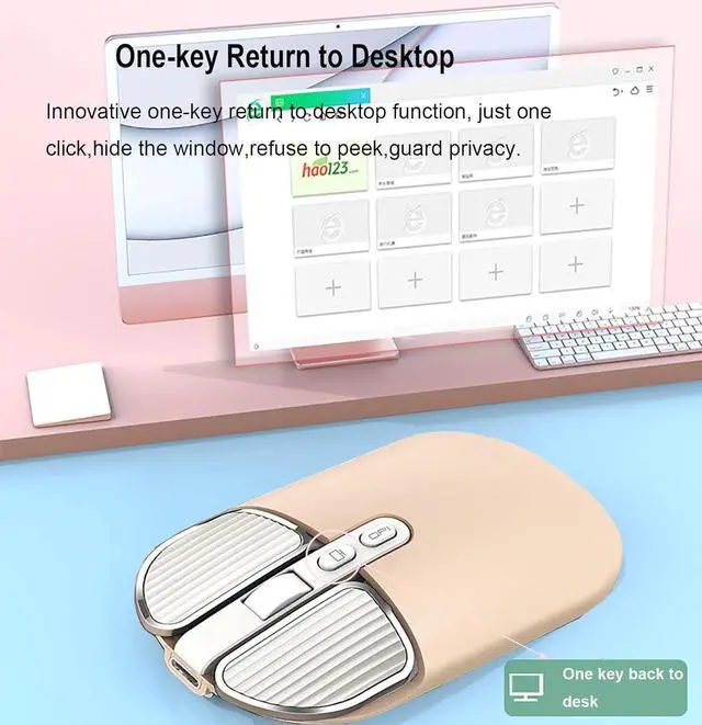 Alt view image 4 of 7 - JieruiDeng 2.4G Wireless Rechargeable Mouse with USB Receiver,One Click Return to Desk,Mute Button,Power Saving, 2400DPI Optical Cute Girls Mouse for Laptop,Notebook,PC,Tablet (Cream-Colored)