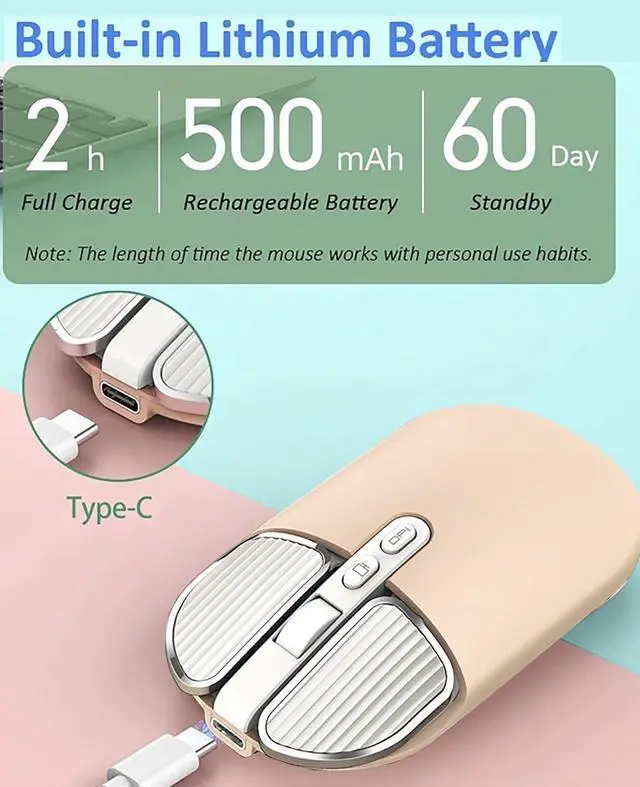 Alt view image 6 of 7 - JieruiDeng 2.4G Wireless Rechargeable Mouse with USB Receiver,One Click Return to Desk,Mute Button,Power Saving, 2400DPI Optical Cute Girls Mouse for Laptop,Notebook,PC,Tablet (Cream-Colored)