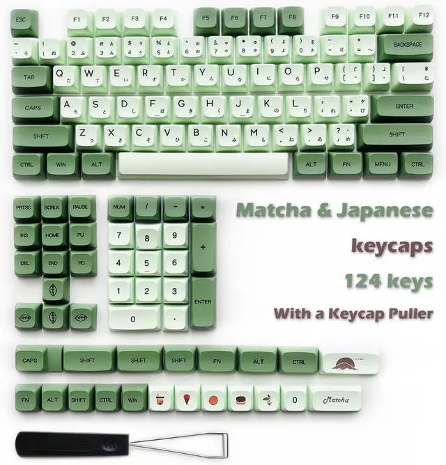 Alt view image 2 of 7 - XDK Custom Keycaps 124 Keys(PBT XDA Dye-Sub) Cute Matcha Green Japanese Keycaps Set for 60% 65% 100% Mechanical Keyboard