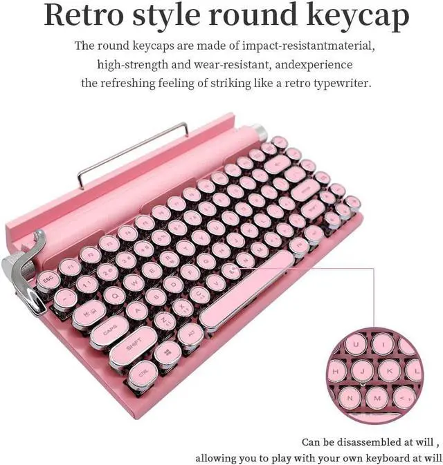 Alt view image 2 of 5 - Typewriter Keyboard,Round Keycaps/White Backlit/Compact 75% Layout Keyboard for Windows/Mac/PC/Laptop (Pink)