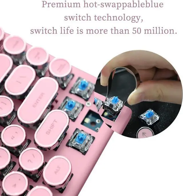 Alt view image 3 of 5 - Typewriter Keyboard,Round Keycaps/White Backlit/Compact 75% Layout Keyboard for Windows/Mac/PC/Laptop (Pink)