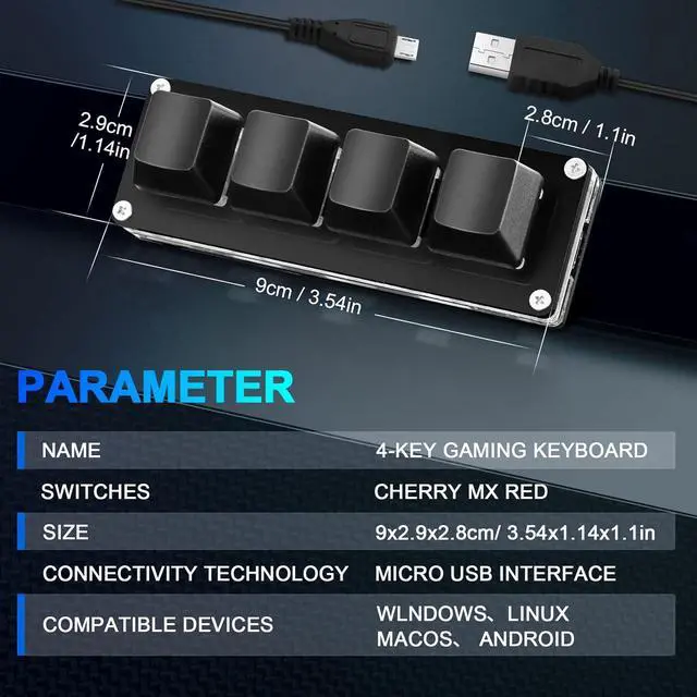 Alt view image 2 of 7 - Ecarke Black Mini 4-Key Keypad Mechanical Gaming Keyboard, Self Programming,OSU Hot Swap Game Keyboards with 1.5m USB-C Data CableUpgrade Cherry Shaft &RGB LED