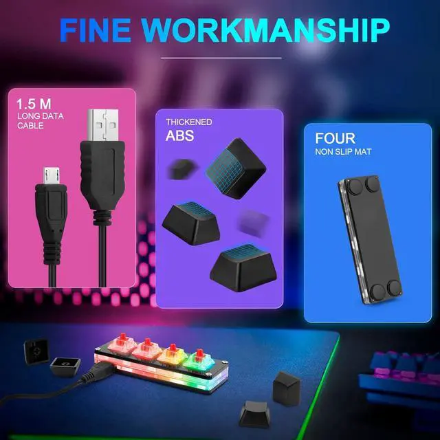 Alt view image 5 of 7 - Ecarke Black Mini 4-Key Keypad Mechanical Gaming Keyboard, Self Programming,OSU Hot Swap Game Keyboards with 1.5m USB-C Data CableUpgrade Cherry Shaft &RGB LED