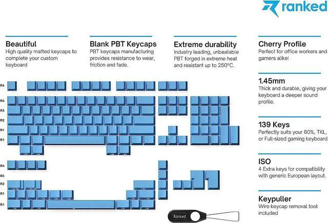 Alt view image 2 of 6 - Ranked Blank Premium Keycap Set | 1.4 mm Thick PBT | Cherry Profile for Mechanical Keyboard (Blue Malibu, 139 Keys)