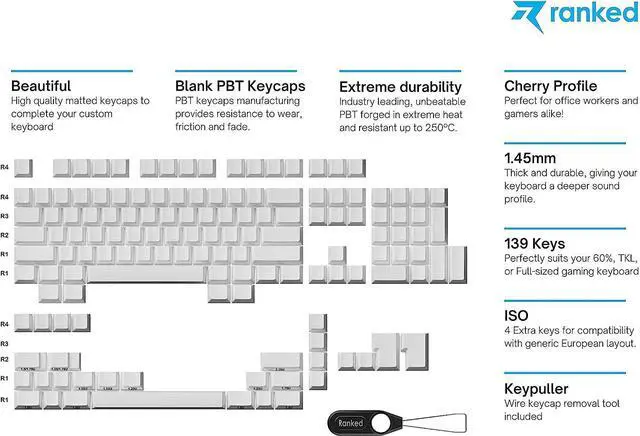Alt view image 2 of 6 - Ranked Blank Premium Keycap Set | 1.4 mm Thick PBT | Cherry Profile for Mechanical Keyboard (White, 139 Keys)