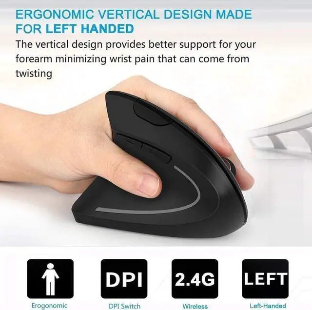 Alt view image 2 of 5 - Ergonomic Left-Handed Wireless Vertical Mouse, 2.4G, 3 Adjustable DPI (800/1200/1600), Specially for Left Handers