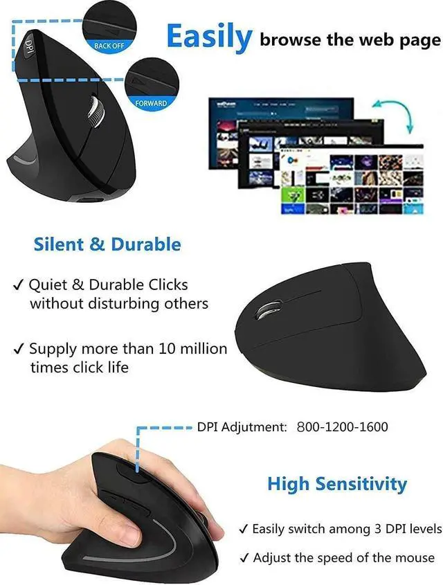 Alt view image 4 of 5 - Ergonomic Left-Handed Wireless Vertical Mouse, 2.4G, 3 Adjustable DPI (800/1200/1600), Specially for Left Handers
