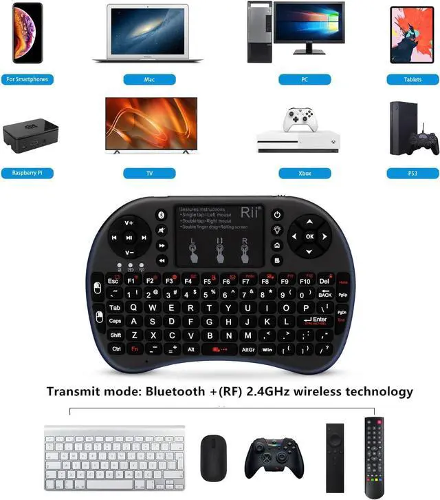 Alt view image 2 of 7 - Rii Mini Wireless Bluetooth Keyboard with Touchpad, Support Bluetooth +(RF) 2.4GHz Wireless Connection for Smartphones, PC, Tablet, Laptop TV Box iOS Android Windows Mac.Black