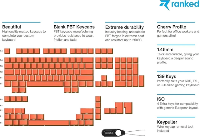 Alt view image 2 of 6 - Ranked Blank Premium Keycap Set | 1.4 mm Thick PBT | Cherry Profile for Mechanical Keyboard (Coral, 139 Keys)