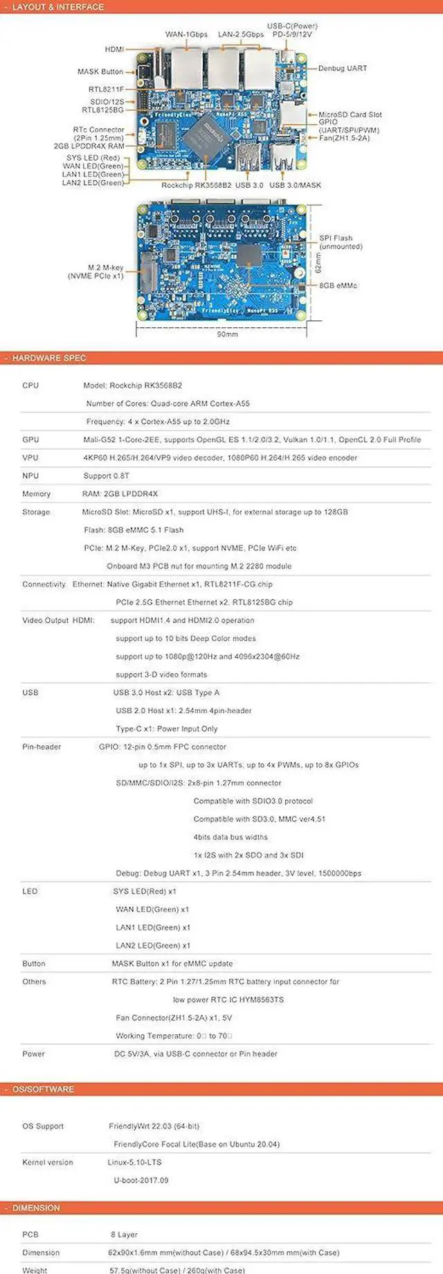 Alt view image 6 of 6 - youyeetoo NanoPi R5S Mini Router with Metal Case,4GB LPDDR4 32GB EMMC, RK3568 Development Board 0.8TOPS NPU Support Docker Three Ethernet Ports USB3.0 HDMI Support M.2 NVMe PD Power (Power Bundle)