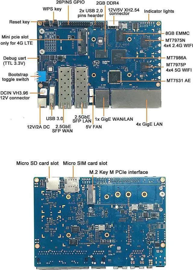 Alt view image 3 of 7 - Banana Pi BPI-R3 Wi-Fi 6 OpenSource Wireless Dual-Band OpenWRT Router Board with MediaTek MT7986(Filogic 830),Support 5X GbE and 2X 2.5GbE SFP (Bundle3-BPI R3+Antennas)