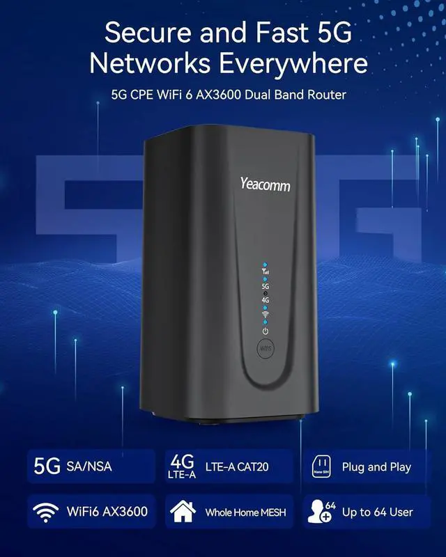 Alt view image 3 of 6 - 5G Router AX3600 WiFi-6 Modem with Sim Card Slot,NR NSA/SA 5G Cellular Router Up to 4.67Gbps,Dual Band Gigabit Wireless & LTE Cat20 Gateway,Mesh,Band Lock,VPN,No Voice