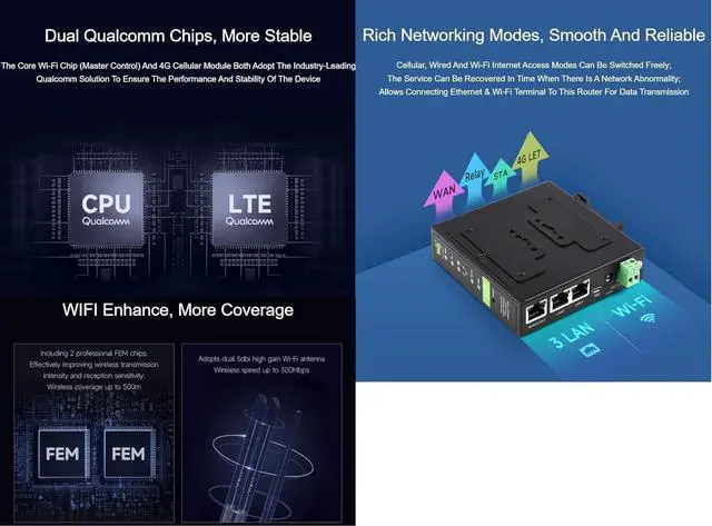 Alt view image 5 of 7 - Industrial 4G LTE Router, Multiple VPN protocols Support, 3-ch Ethernet Ports, WiFi high-Speed Internet Access, Dual Qualcomm Chips (WS-431E 4G Router)