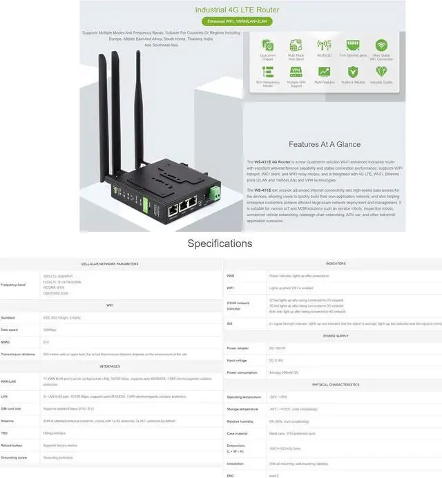 Alt view image 7 of 7 - Industrial 4G LTE Router, Multiple VPN protocols Support, 3-ch Ethernet Ports, WiFi high-Speed Internet Access, Dual Qualcomm Chips (WS-431E 4G Router)