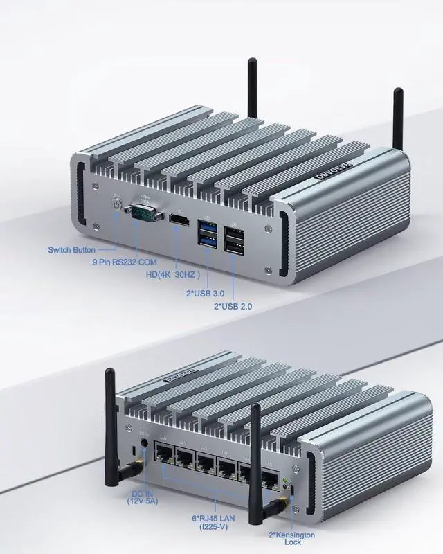 Alt view image 4 of 7 - Fanless Firewall Appliance Router Celeron J4125 6 LAN 2.5G Network Card 8GB DDR4 RAM 128GB SSD 1TB HDD Firewall Mini PC HD COM USB3.0 SIM Slot WiFi AES-NI VPN Router Auto Power On