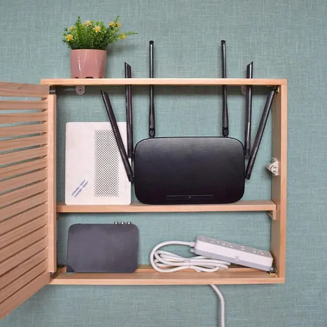Alt view image 2 of 6 - CLoxks WiFi Router Storage Box, Wooden Wall Mounted, Multifunctional, Cable Management, Brown, Medium Lengthened