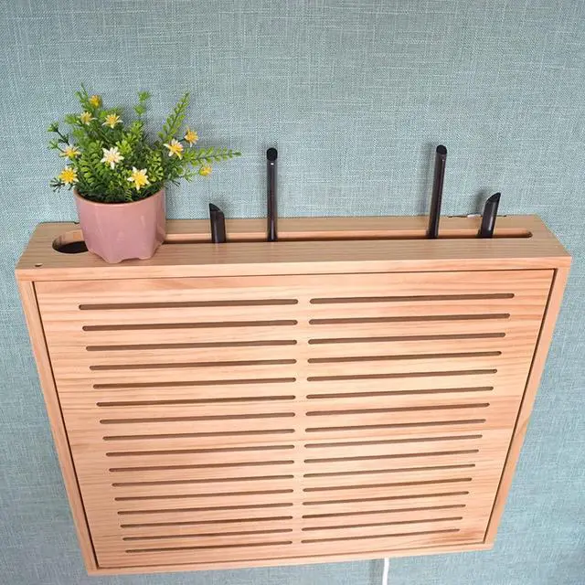 Alt view image 5 of 6 - CLoxks WiFi Router Storage Box, Wooden Wall Mounted, Multifunctional, Cable Management, Brown, Medium Lengthened