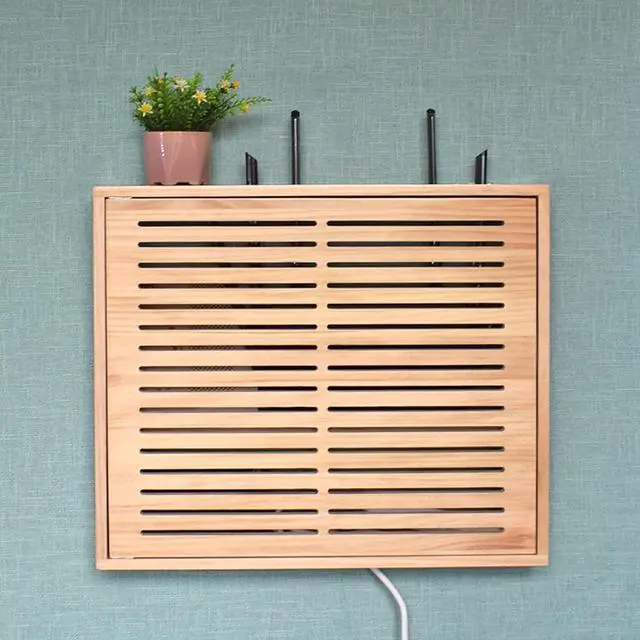 Alt view image 6 of 6 - CLoxks WiFi Router Storage Box, Wooden Wall Mounted, Multifunctional, Cable Management, Brown, Medium Lengthened