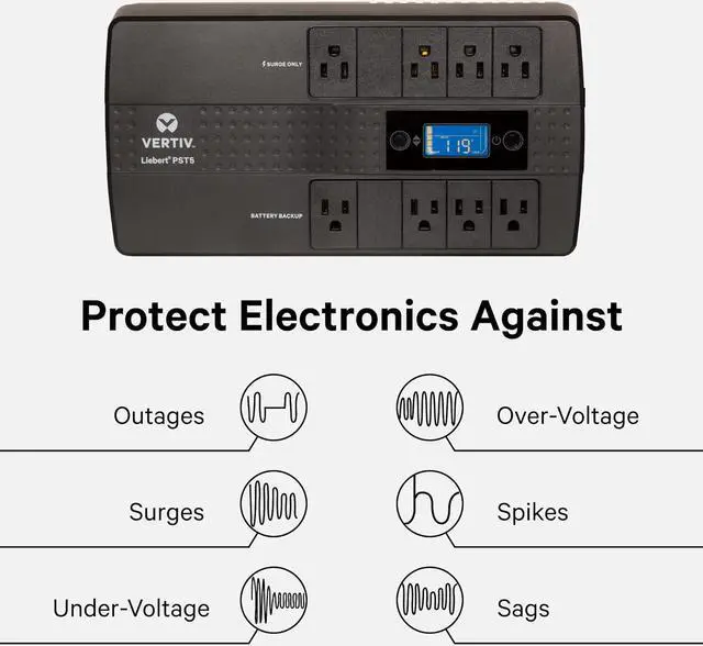 Alt view image 4 of 6 - Vertiv Liebert PST5 UPS - 850VA/500W 120V Standby Power, 8 Outlets, Battery Backup with Surge Protection, LCD Screen, Energy Star Certified, 3 Year Warranty, Free Shutdown Software (PST5-850MT120)