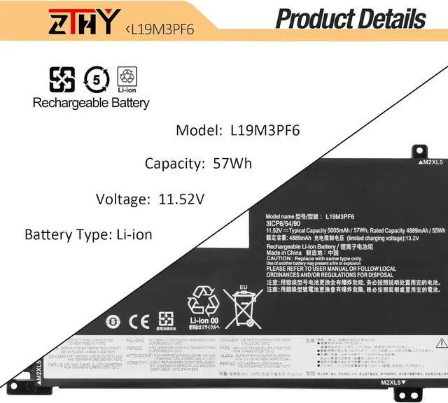Alt view image 3 of 7 - 57Wh L19M3PF6 L19L3PF2 L19C3PF5 Laptop Battery Replacement for Lenovo Ideapad 5-15IIL05 5-15ARE05 5-15ITL05 5-15ARE05 5 15IAL7 5 15ABA7 Series 82SG L19M4PF1 L19L4PF1 L19C4PF1 L19D3PF3 L19C3PF4 11.52V