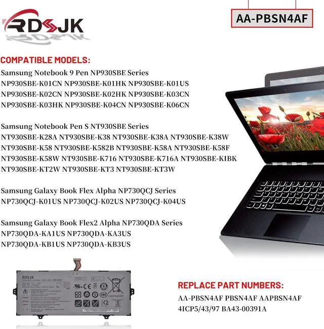 Alt view image 3 of 7 - AA-PBSN4AF Laptop Battery for Samsung NP930SBE NP930SBE-K01CN NP930SBE-K02HK NP930SBE-K03CN NT930SBE NT930SBE-K28A NT930SBE-K38 NT930SBE-KT3W NP730QCJ NP730QCJ-K01US NP730QDA NP730QDA-KA1US 15.4V 54Wh