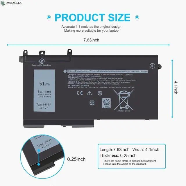 Alt view image 4 of 6 - 93FTF Battery Replacement for Dell Latitude 5580 5480 5490 5590 5280 5290 5288 5488 5591 5491 5495 E5480 E5580 E5490 E5590 Precision 3520 3530 D4CMT 083XPC 83XPC 4YFVG 451-BBZG 451-BBZT 51Wh 11.4V