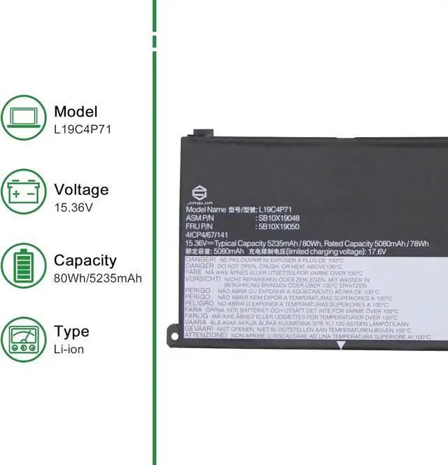 Alt view image 2 of 5 - L19C4P71 SB10X19048 5B10X19050 Laptop Battery Replacement for Lenovo ThinkPad P1 X1 Extreme 3rd Gen 2020 Series Notebook L19M4P71 SB10X19047 5B10X19049 15.36V 80Wh 5235mAh