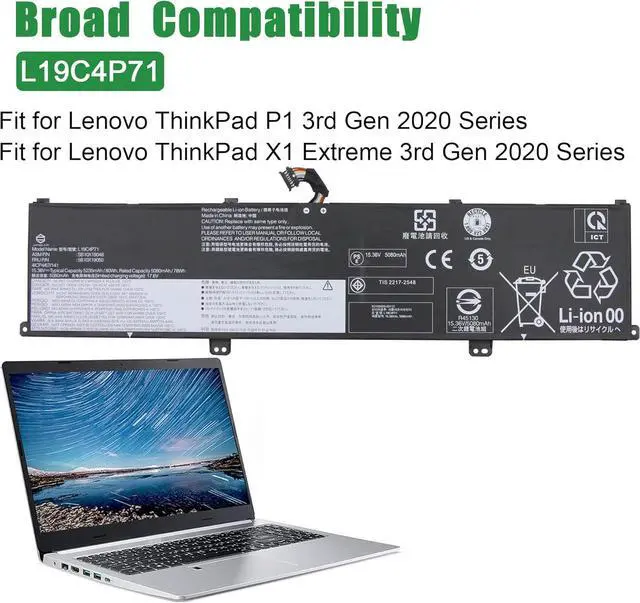Alt view image 4 of 5 - L19C4P71 SB10X19048 5B10X19050 Laptop Battery Replacement for Lenovo ThinkPad P1 X1 Extreme 3rd Gen 2020 Series Notebook L19M4P71 SB10X19047 5B10X19049 15.36V 80Wh 5235mAh