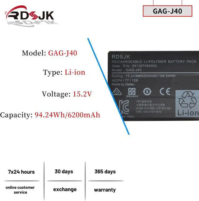 Alt view image 2 of 7 - GAG-J40 541387460003 Laptop Battery for Gigabyte Aero 14 V7 14 P64Wv7-De325Tb 14-P64WV6 14-W-CF2 15 RTX 20 15W 15X 17 XA Aorus X5 V6 V7 V8 X7 v6 v7 X9 DT Series 541387460002 541387460005 15.2V 94.24Wh