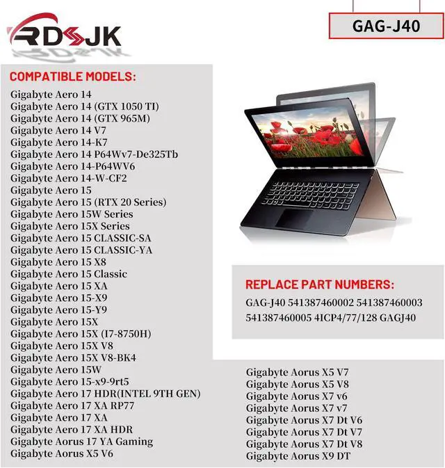 Alt view image 3 of 7 - GAG-J40 541387460003 Laptop Battery for Gigabyte Aero 14 V7 14 P64Wv7-De325Tb 14-P64WV6 14-W-CF2 15 RTX 20 15W 15X 17 XA Aorus X5 V6 V7 V8 X7 v6 v7 X9 DT Series 541387460002 541387460005 15.2V 94.24Wh