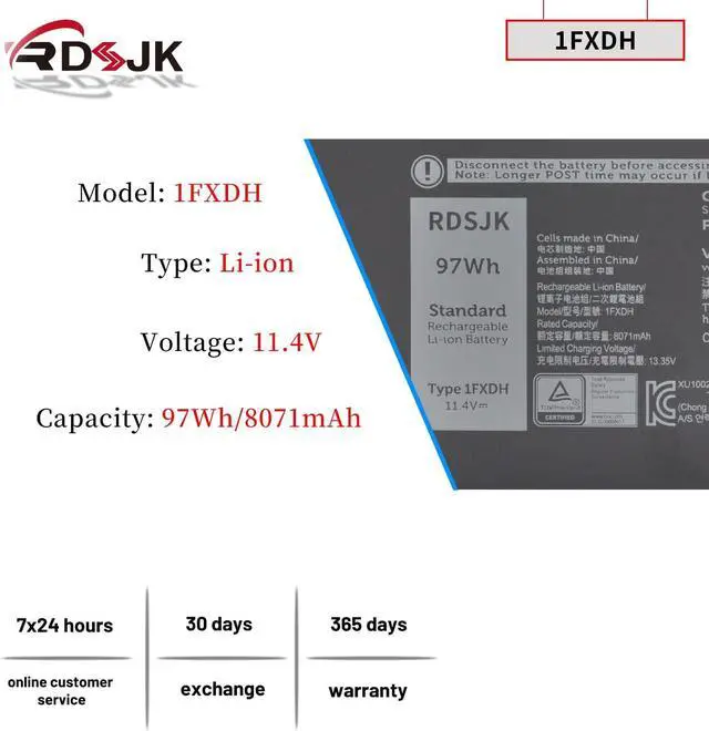 Alt view image 2 of 7 - 1FXDH 1WJT0 Laptop Battery for Dell Precision 3541 3551 Latitude 15 5501 5511 E5501 E5511 Series 01WJT0 D191G 0D191G CN-0D191G 11.4V 97Wh