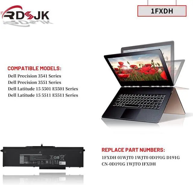 Alt view image 3 of 7 - 1FXDH 1WJT0 Laptop Battery for Dell Precision 3541 3551 Latitude 15 5501 5511 E5501 E5511 Series 01WJT0 D191G 0D191G CN-0D191G 11.4V 97Wh