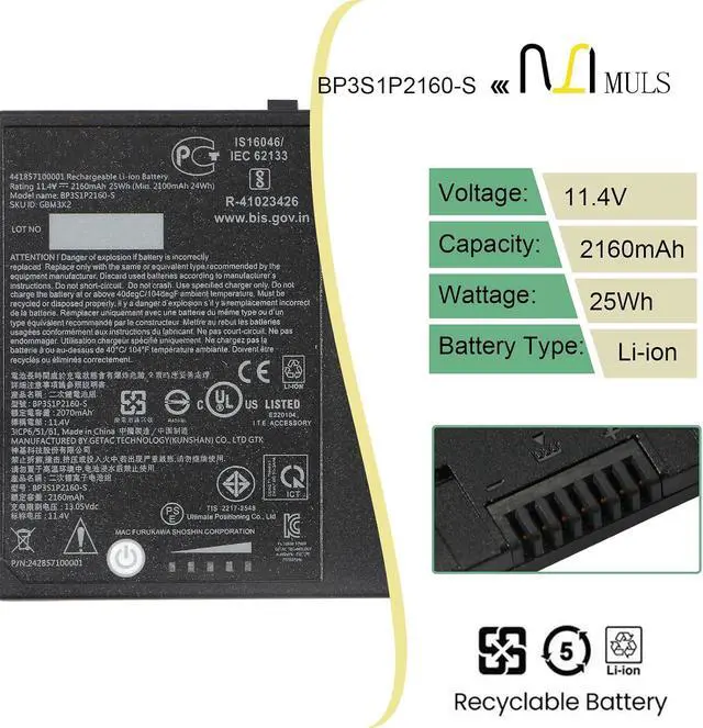 Alt view image 2 of 7 - MULS BP3S1P2160-S Laptop Battery Replacement for Getac F110 Tablet PC F110 GGA 734020 G2 G3 G4 BP3S1P2160 BP3S1P2160-S 441857100001 3ICP6/51/61 11.4V 2160mAh 24WH