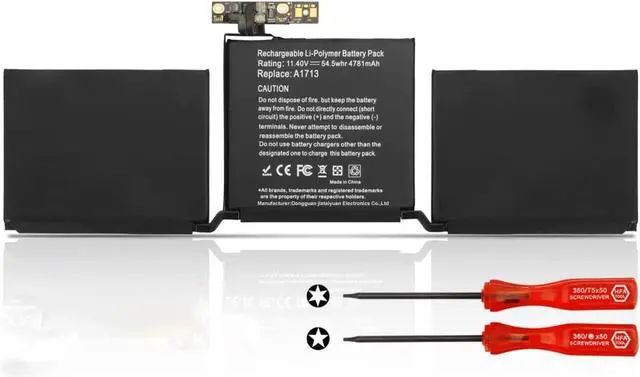 Main image of A1713 Laptop Battery Replacement for MacBook Pro 13" A1708 Late 2016 Mid 2017 EMC 2978 3164 MPXQ2LL/A MLL42B/A MLL42LL/A MLL42Y/A MLUQ2LL/A MPXQ2B/A MLL42FN/A MPXQ2D/A MPXQ2FN/A(11.4V 54.5Wh)