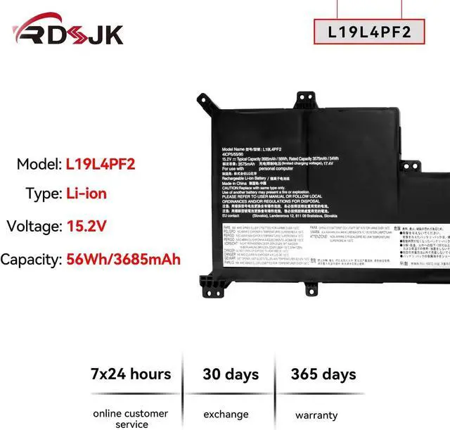 Alt view image 2 of 6 - L19L4PF2 L19D4PF2 Laptop Battery for Lenovo V17-IIL IdeaPad 3-17ADA05 3-17ARE05 3-17IML05 3-17IIL05 Serie L19L3PF4 L19C3PF6 5B10W89846 SB10W89847 5B10W89835 SB10W89834 5B10W89838 SB10W89845 15.2V 56Wh