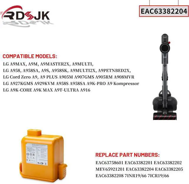 Alt view image 3 of 7 - 2 Pack A9 Battery for LG Cord Zero A9 A9S A9K-CORE A9MAX A9T-Ultra A9K-PRO A9M A9N A9MULTI A958 A958SA A9 Plus A905M A905RM A907GMS A908MVR A929KVM A958S A9KMAX A916 A9+ Vacuum EAC63758601 EAC63382204