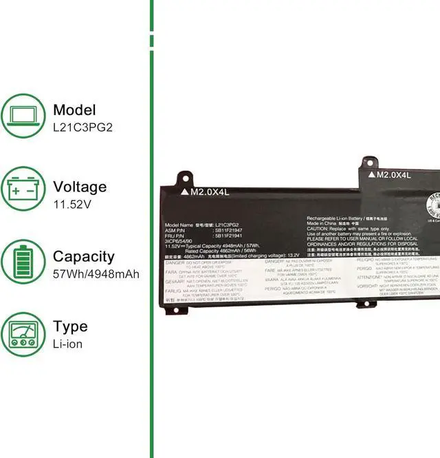Alt view image 2 of 5 - L21C3PG2 SB11H56244 5B11H56343 Laptop Battery Replacement for Lenovo Thinkpad L14 L15 Gen 3 Gen 4 Series L21M3PG2 L21D3PG2 L21M3P76 L21D3P71 L21B3P73 L22M3P70 L22B3P70 L21C3PG1 11.52V 57Wh