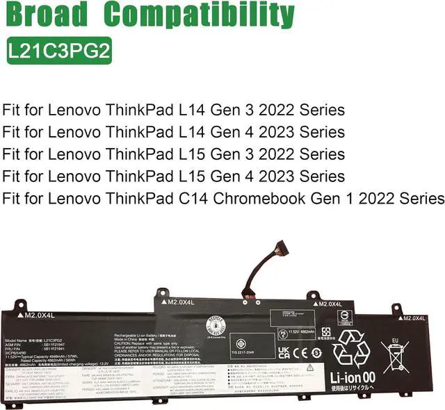 Alt view image 4 of 5 - L21C3PG2 SB11H56244 5B11H56343 Laptop Battery Replacement for Lenovo Thinkpad L14 L15 Gen 3 Gen 4 Series L21M3PG2 L21D3PG2 L21M3P76 L21D3P71 L21B3P73 L22M3P70 L22B3P70 L21C3PG1 11.52V 57Wh