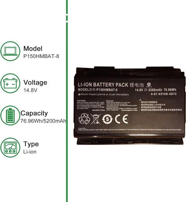 Alt view image 2 of 5 - JIAZIJIA P150HMBAT-8 Laptop Battery Replacement for Clevo P150EM P151HM NP8150 NP8151 Series Notebook 14.8V 76.96Wh 5200mAh