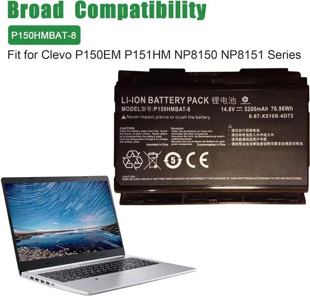 Alt view image 4 of 5 - JIAZIJIA P150HMBAT-8 Laptop Battery Replacement for Clevo P150EM P151HM NP8150 NP8151 Series Notebook 14.8V 76.96Wh 5200mAh