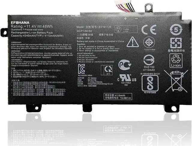 Main image of efohana B31N1726 Laptop Battery Replacement for FX86 FX86FE FX86FM FX504 FX504GD FX504GE FX504GM FX505 FX80 FX80G FX80GD FX80GE FX80GM Series Notebook 11.4V 48Wh 4240mAh