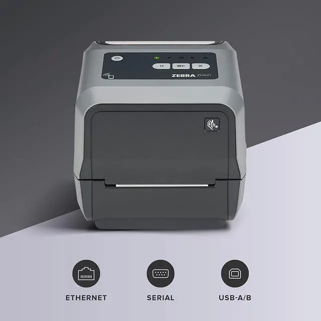 Alt view image 2 of 6 - Ze bra ZD621 Thermal Transfer Desktop Printer 300 dpi Print Width 4 inch USB Serial Ethernet Connectivity ZD6A043-301F00EZ, Requires Thermal Ribbon for Use