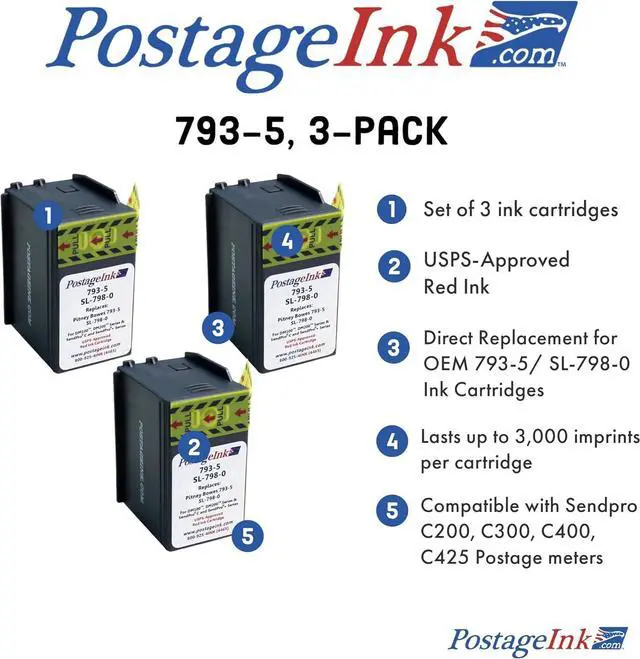 Alt view image 5 of 5 - Compatible SL-798-0 Ink Cartridge Replacement for SendPro C200, C300, C400 Postage Meters, Set of 3